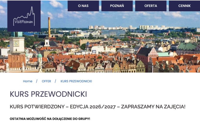 Obrazem informuje o możliwości zapisu na kurs przewodnika po Poznaniu VisitPoznan